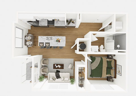 A top-down view of a modern living room with a kitchen area.